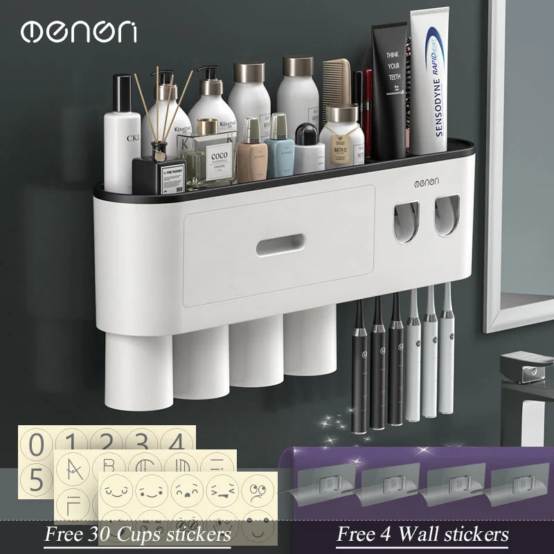 MENGNI Magnetic Inverted Toothbrush Holder Wall Mount Toothpaste Squeezer