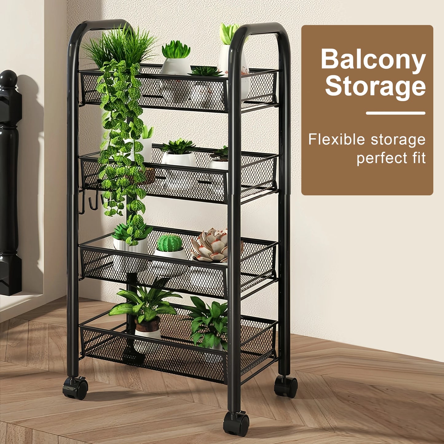 Multilayer Kitchen Storage Cart With Wheels Stackable Metal Utility Shelf