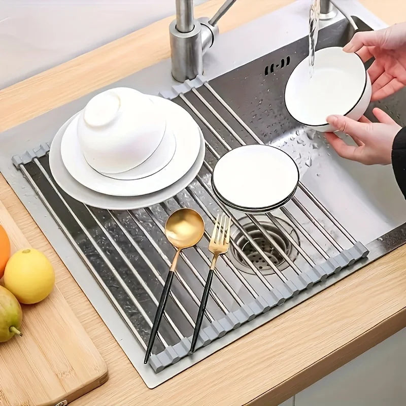 Foldable Dish Drainer Roll Up Rack Kitchen Sink Organizer