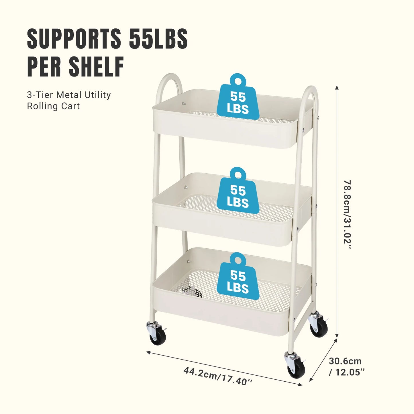 JHK 3 Tier Metal Storage Kitchen Cart With Lockable Wheels Mobile Shelving Unit