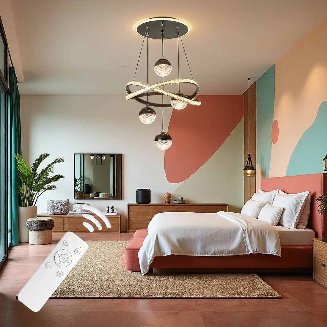 Modern LED Pendant Light With Four Spherical Heads Remote Control