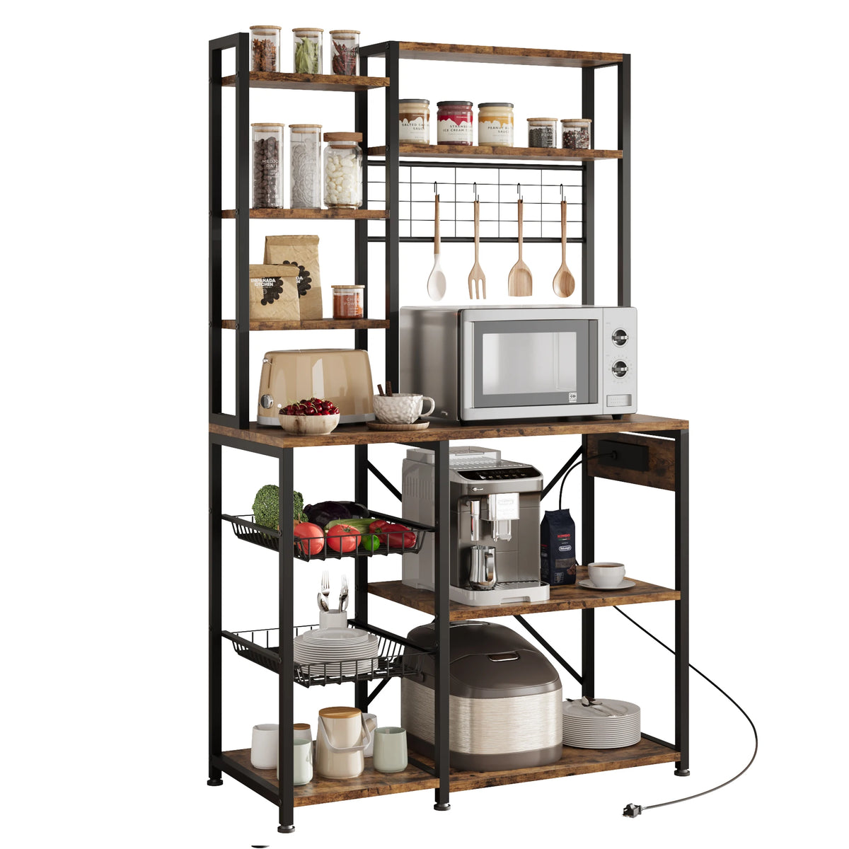 Industrial Wooden Bakers Rack With Power Outlet And Microwave Stand