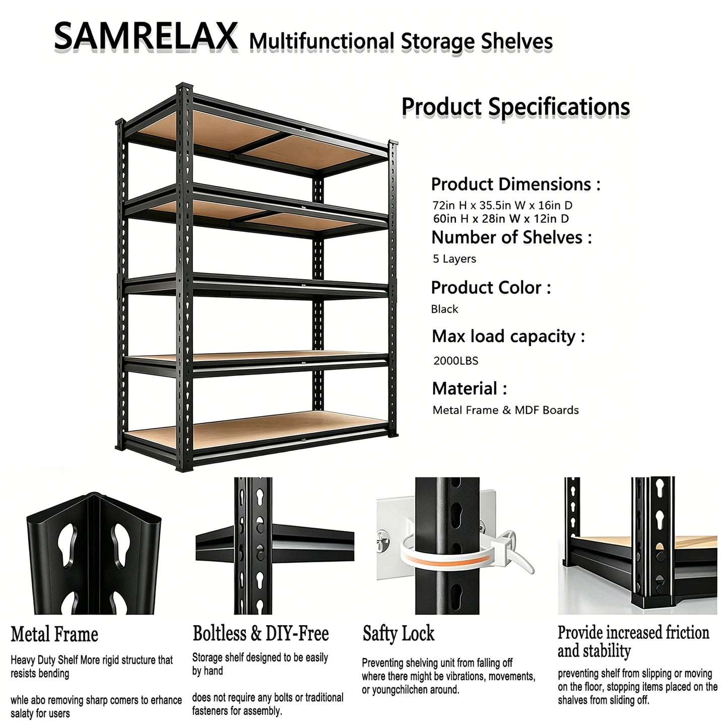 Heavy Duty 5 Tier Metal Garage Shelving Unit for Basement Pantry Closet
