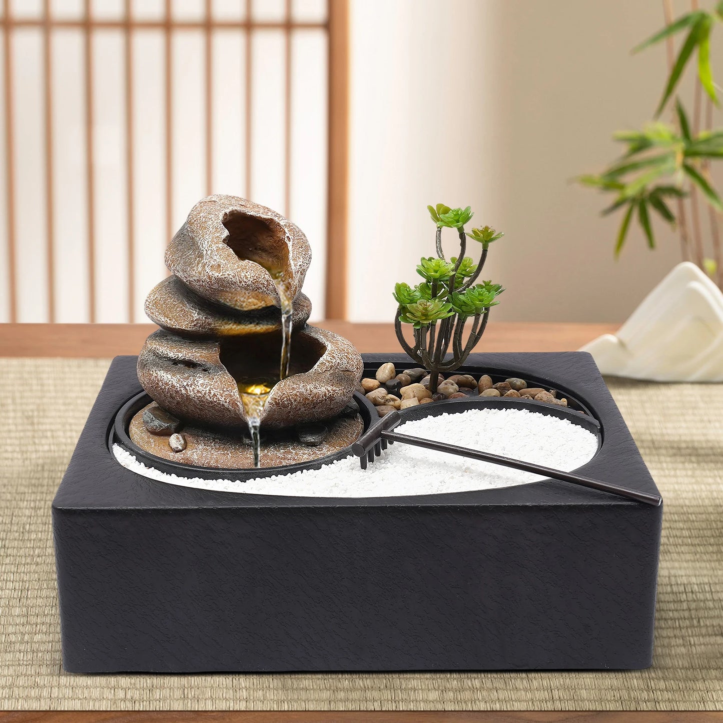 Bymaocar Tabletop Resin Rock Water Fountain With LED Light