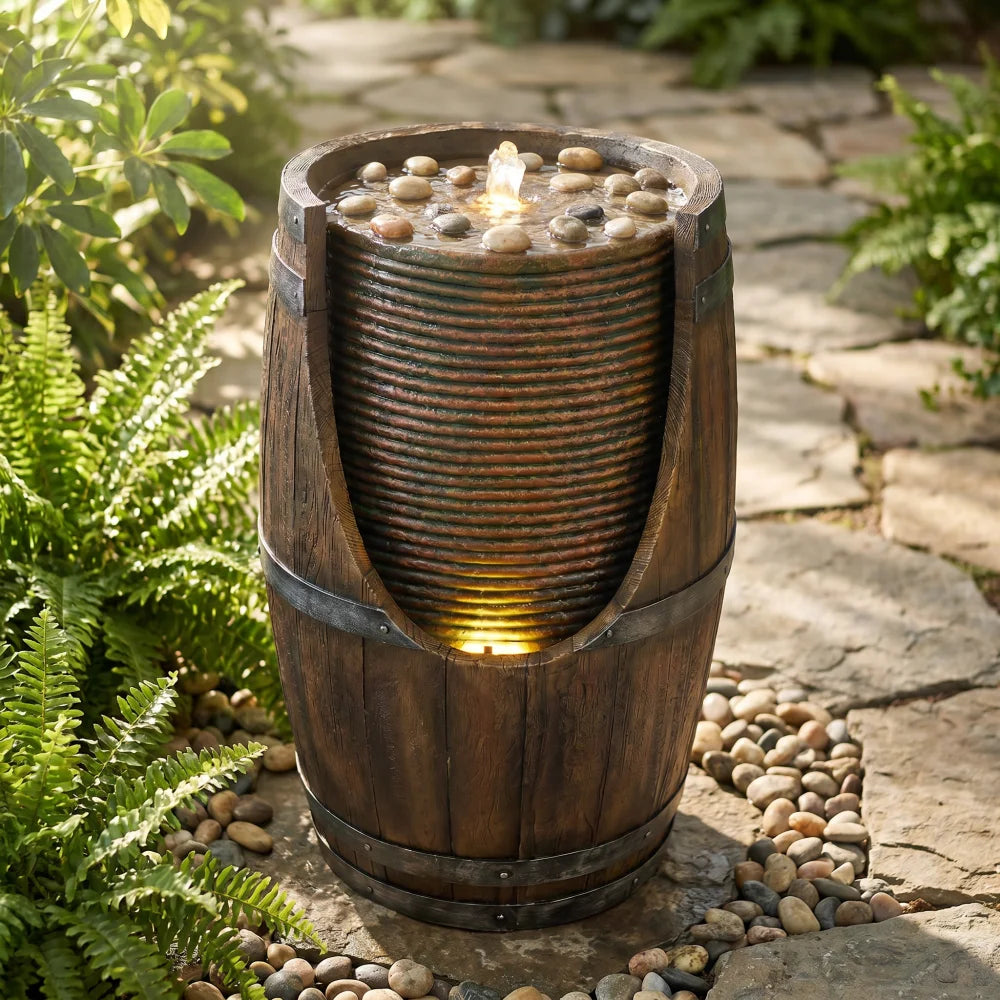 Handcrafted Resin Barrel Water Fountain With Built In Lights Outdoor Decor