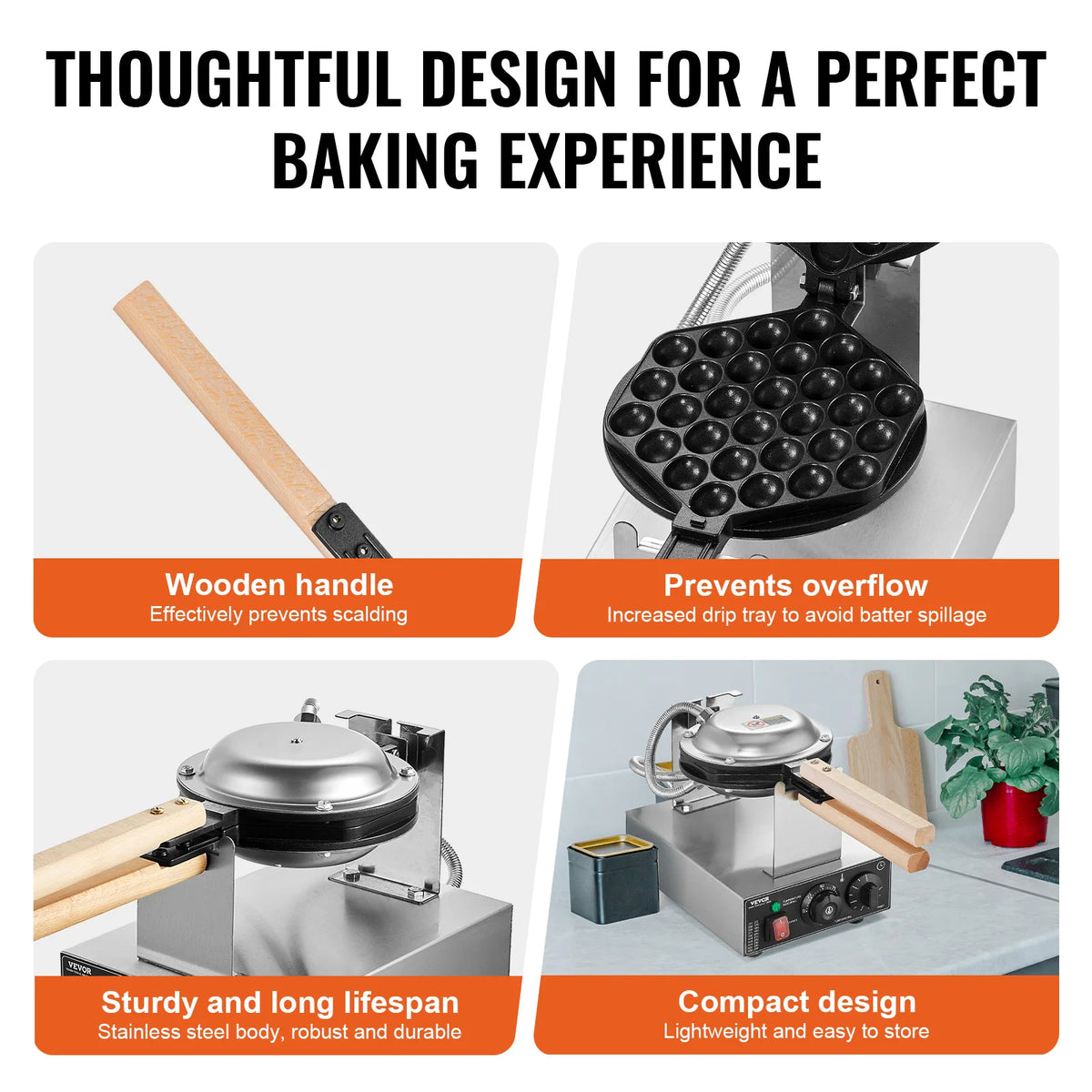 SucceBuy Commercial Bubble Waffle Maker Nonstick Dual Pan Temperature Control