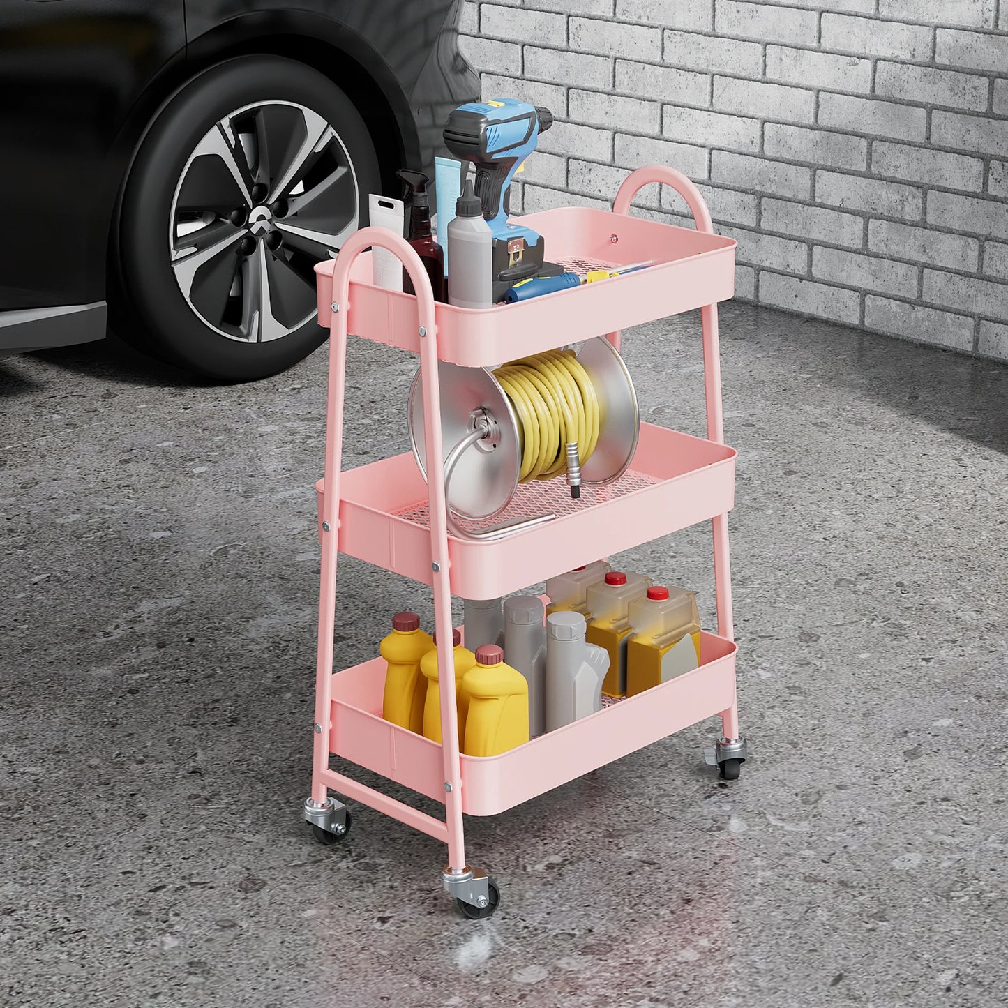 JHK 3 Tier Metal Storage Kitchen Cart With Lockable Wheels Mobile Shelving Unit