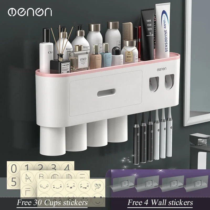 MENGNI Magnetic Inverted Toothbrush Holder Wall Mount Toothpaste Squeezer
