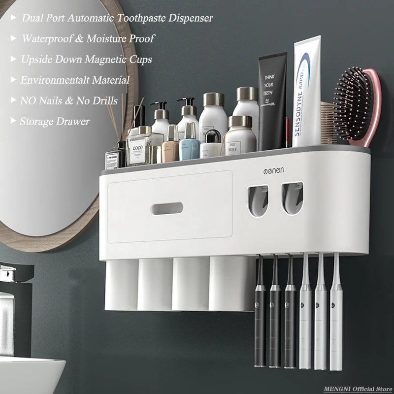 MENGNI Magnetic Inverted Toothbrush Holder Wall Mount Toothpaste Squeezer