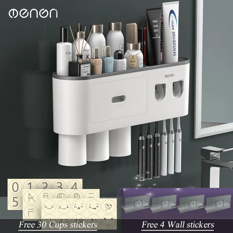MENGNI Magnetic Inverted Toothbrush Holder Wall Mount Toothpaste Squeezer
