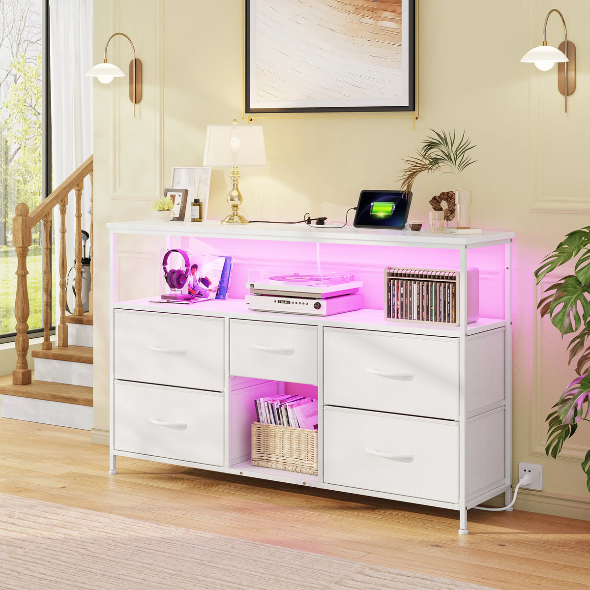 EnHomee TV Console With LED Lights And Fabric Storage Drawers