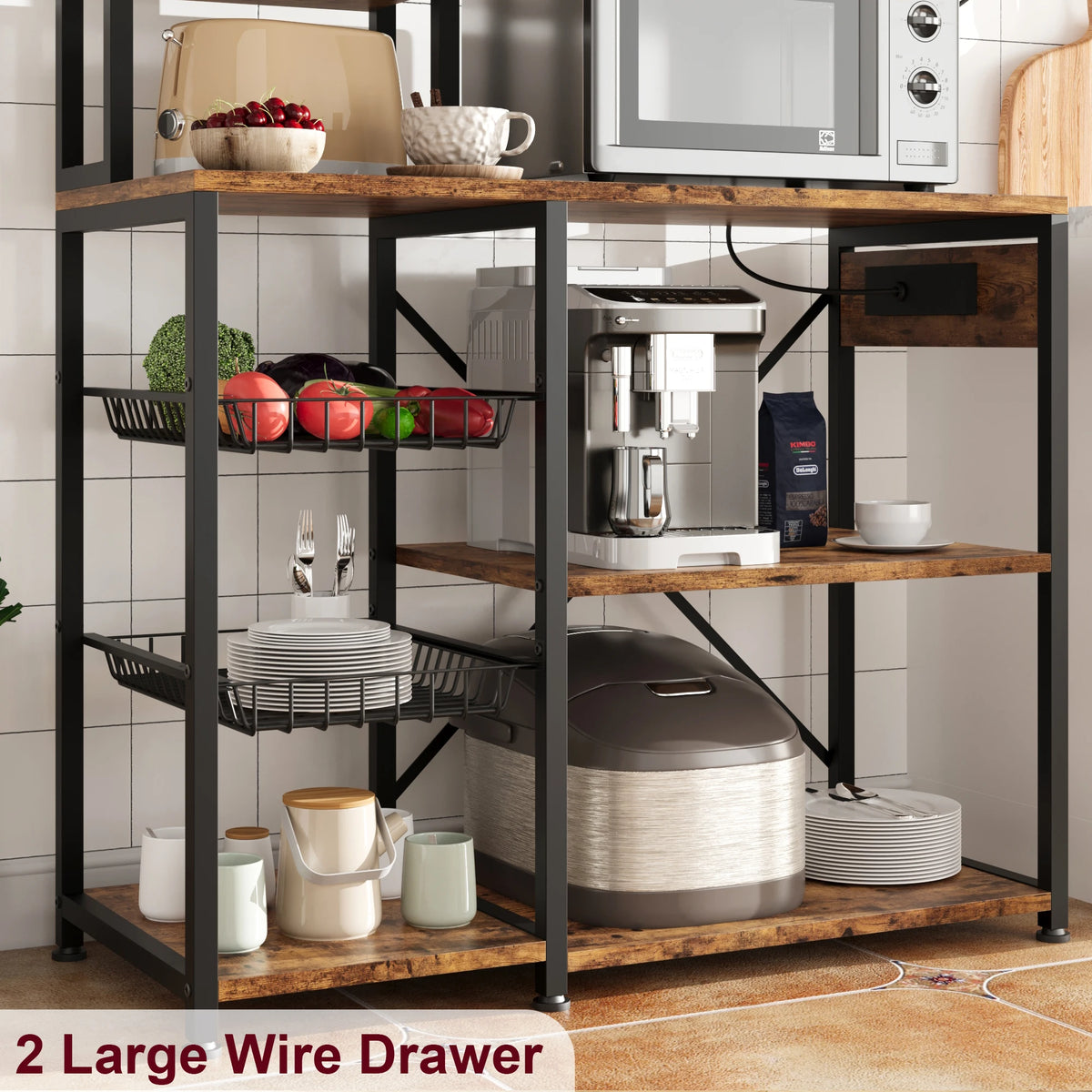 Industrial Wooden Bakers Rack With Power Outlet And Microwave Stand