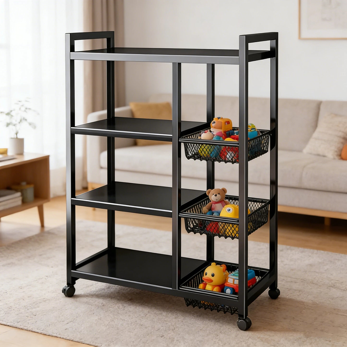 Portable Adjustable 4 Tier Wheeled Storage Cart With Wire Baskets