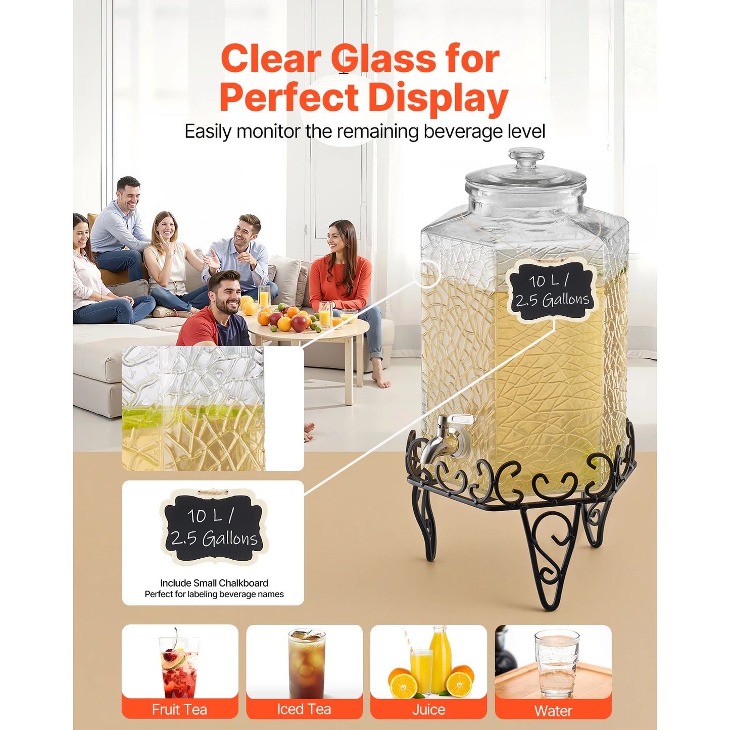 SucceBuy Glass Beverage Dispenser With Metal Stand Spigot