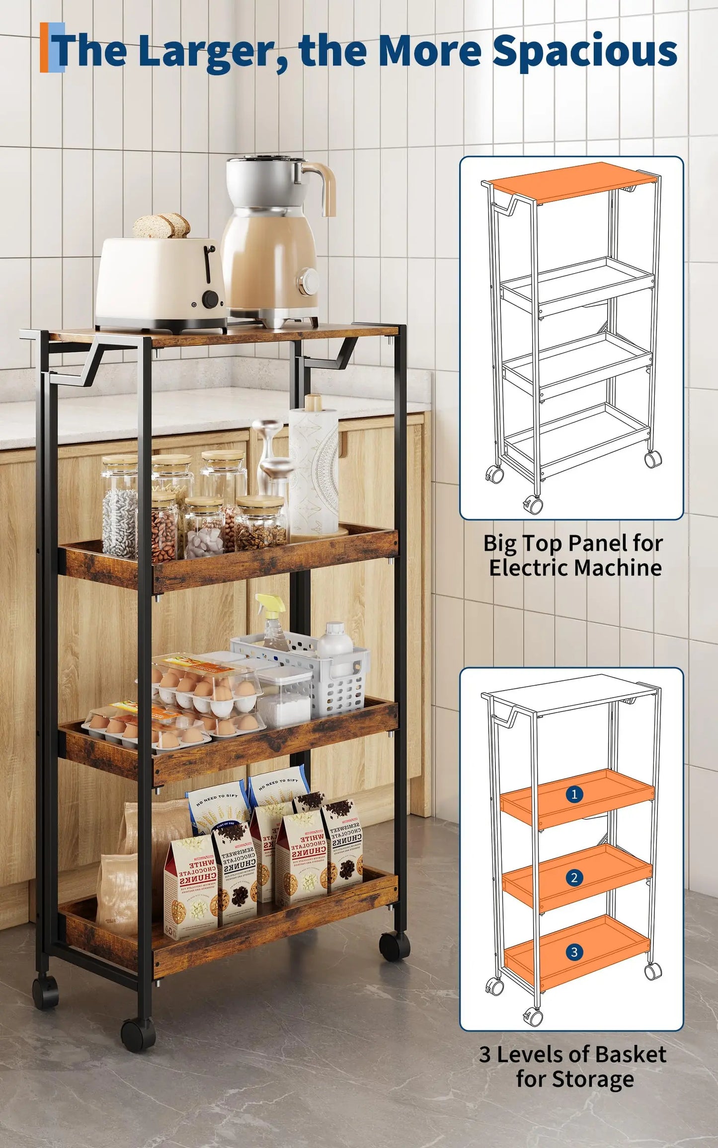 Large 4-Tier Wooden Folding Storage Shelf Cart with Locking Wheel, Expandable Kitchen Organizer Rack, 100 Lbs Loading