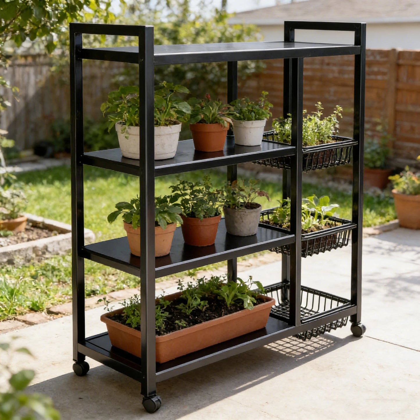 Portable Adjustable 4 Tier Wheeled Storage Cart With Wire Baskets