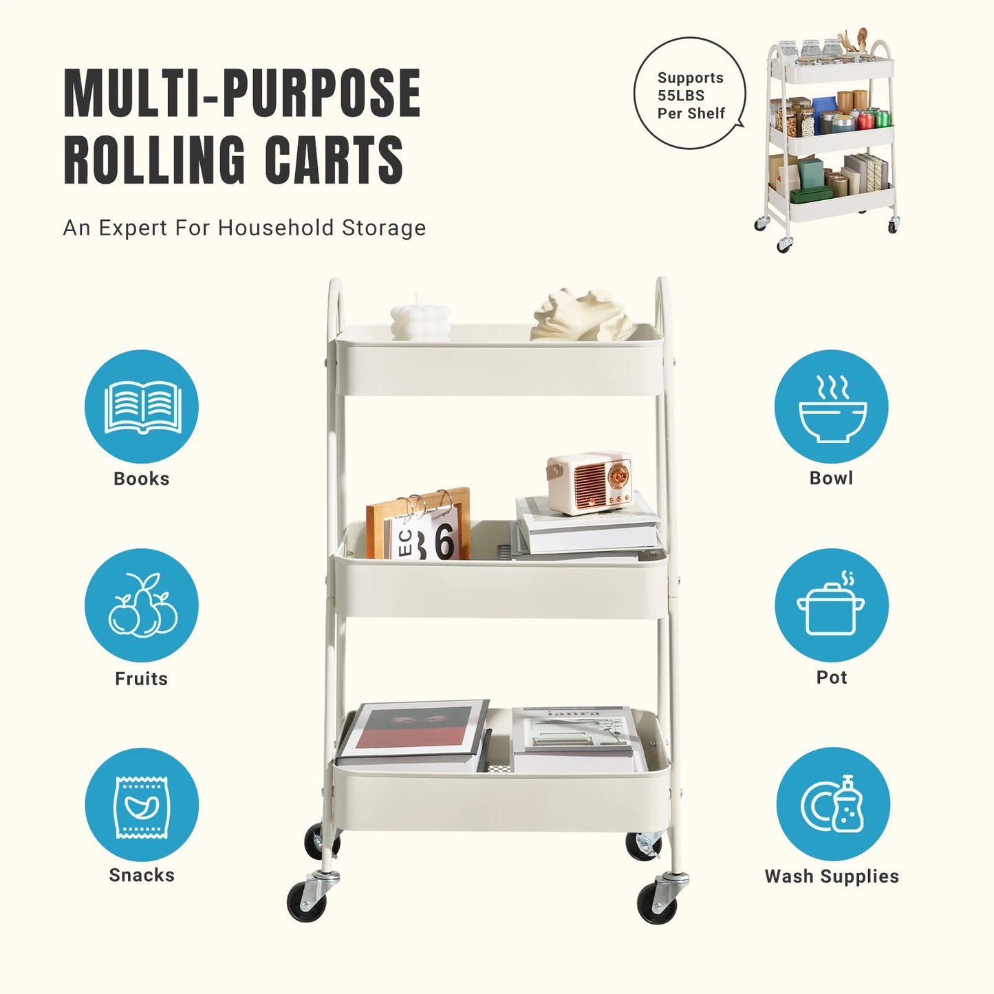 JHK 3 Tier Metal Storage Kitchen Cart With Lockable Wheels Mobile Shelving Unit