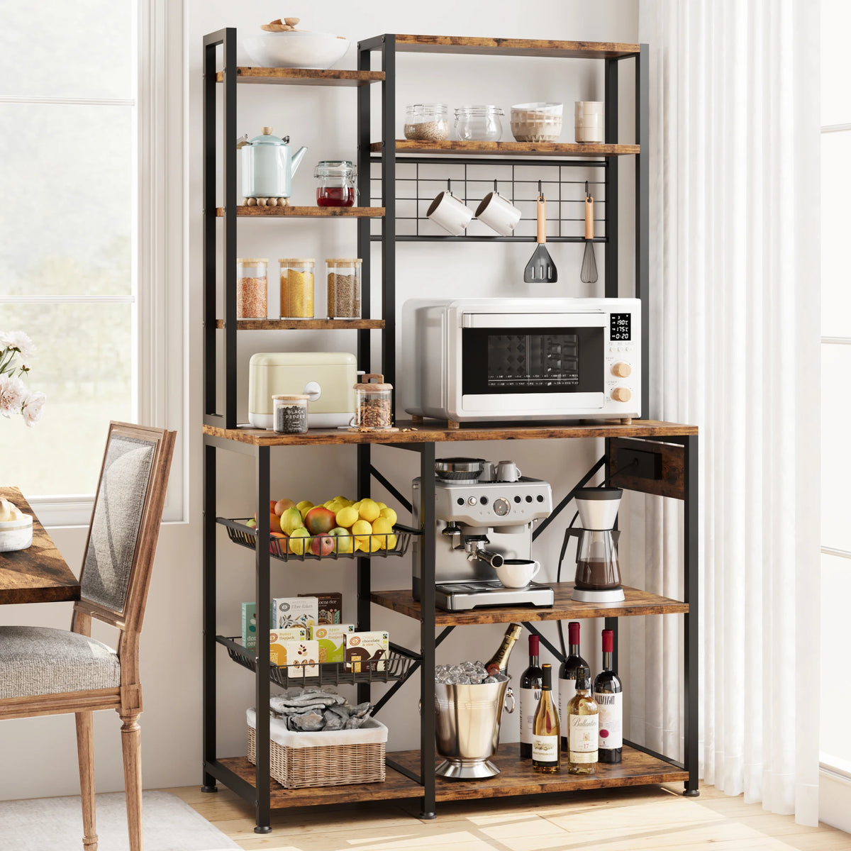 Industrial Wooden Bakers Rack With Power Outlet And Microwave Stand
