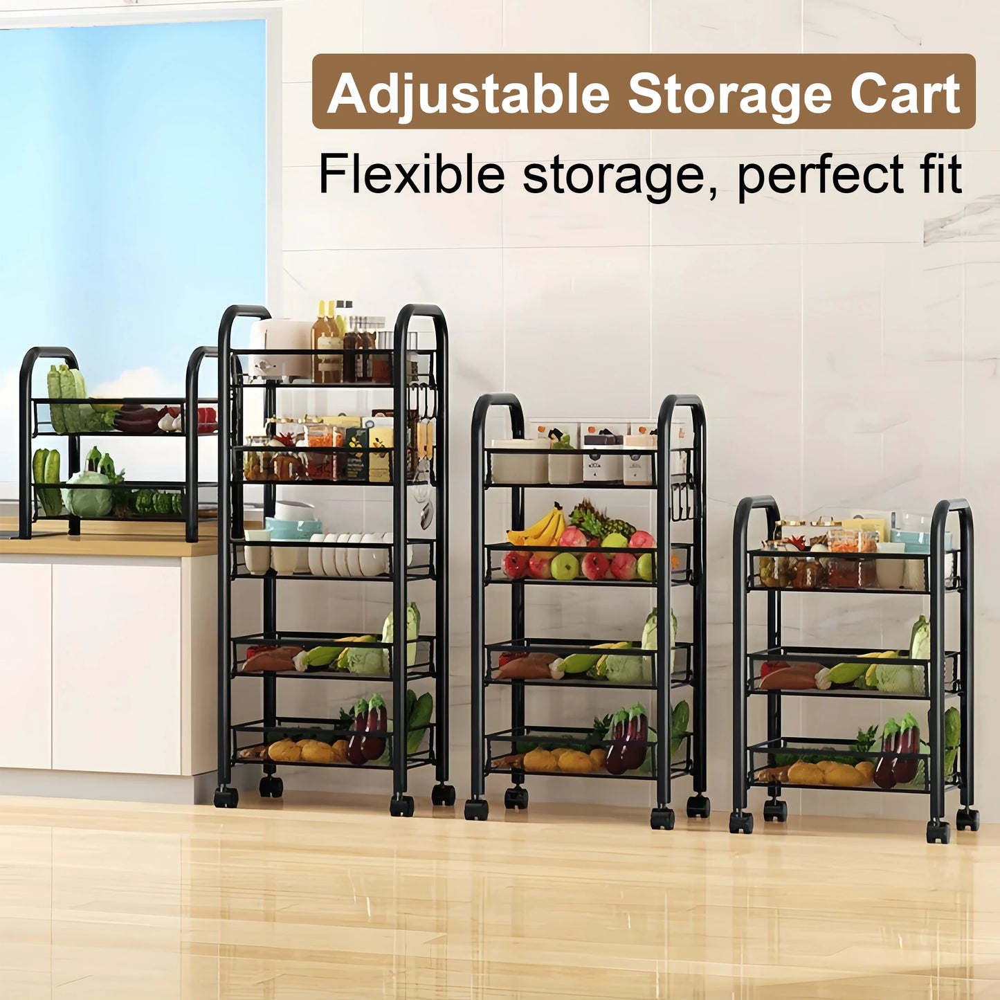 Multilayer Kitchen Storage Cart With Wheels Stackable Metal Utility Shelf