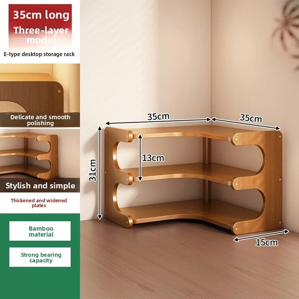 Three-Tier Bamboo Corner Desk Shelf Wall Mount Organizer