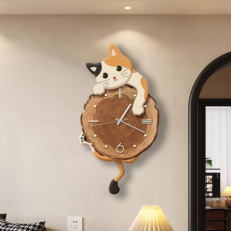 Cartoon Cat Wall Clock With Swing Tail Quartz Mute Design