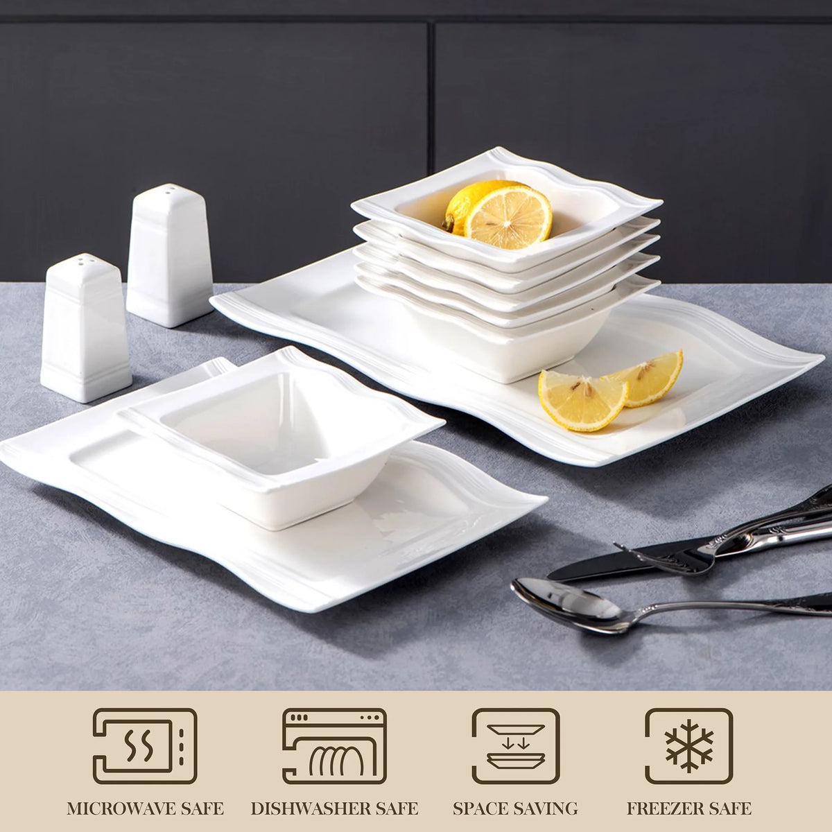 MALACASA Porcelain Dinnerware Set With Plates Bowls Salt Pepper Pots