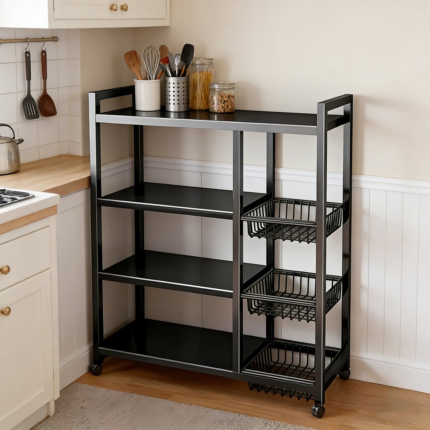 Portable Adjustable 4 Tier Wheeled Storage Cart With Wire Baskets