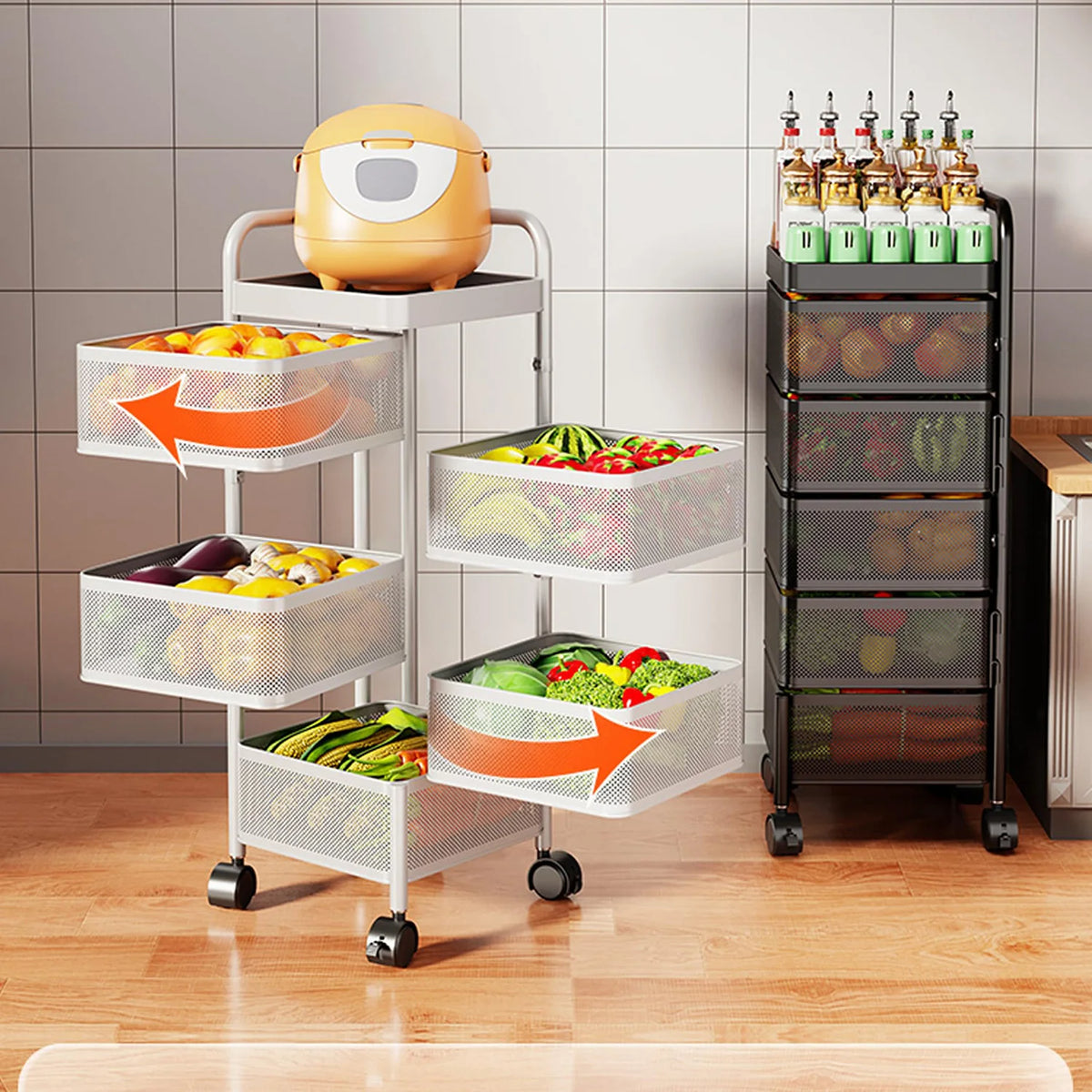HiMISS Rotating Steel Storage Cart With Wheels Kitchen Organizer