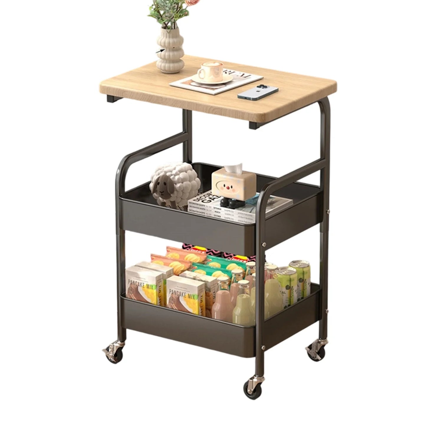 Himiss Three Tier Rolling Storage Cart With Wooden Shelf