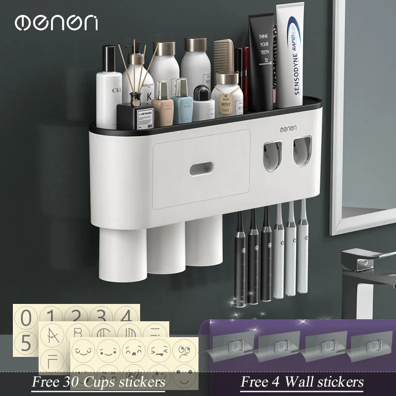 MENGNI Magnetic Inverted Toothbrush Holder Wall Mount Toothpaste Squeezer