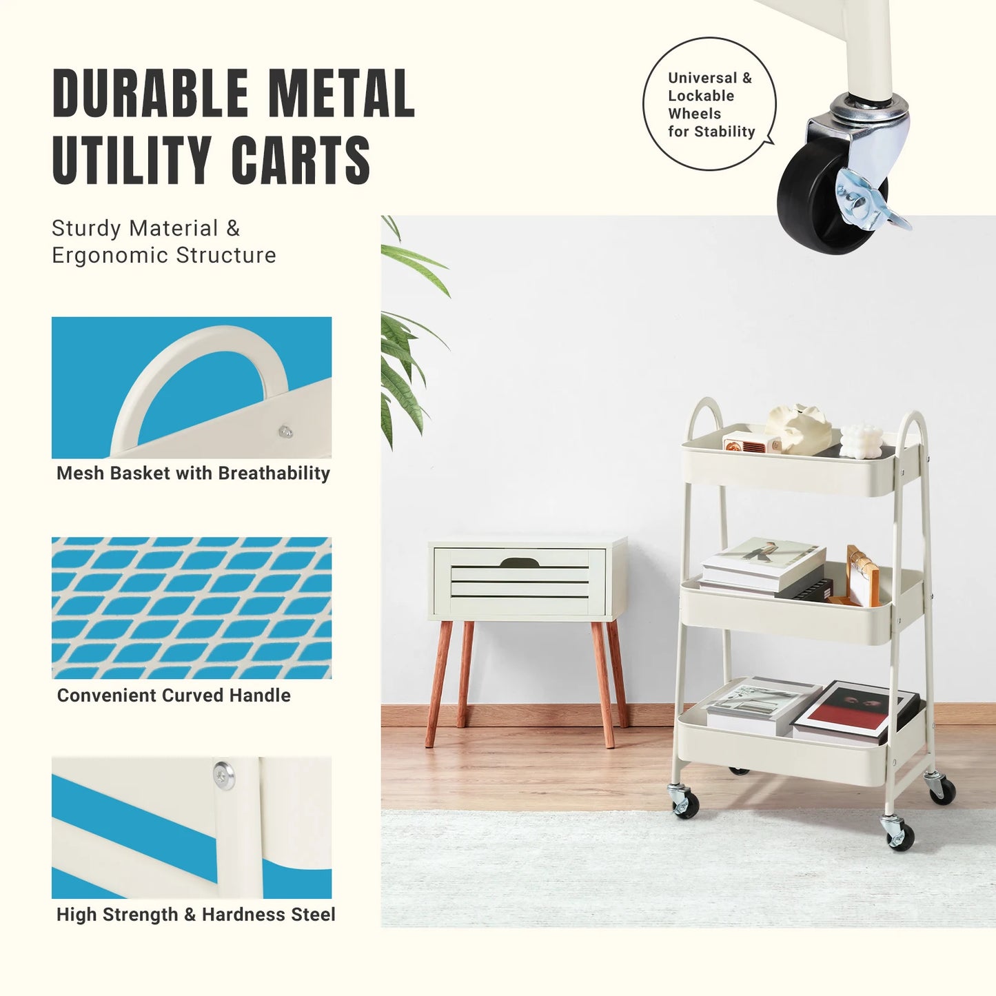 JHK 3 Tier Metal Storage Kitchen Cart With Lockable Wheels Mobile Shelving Unit