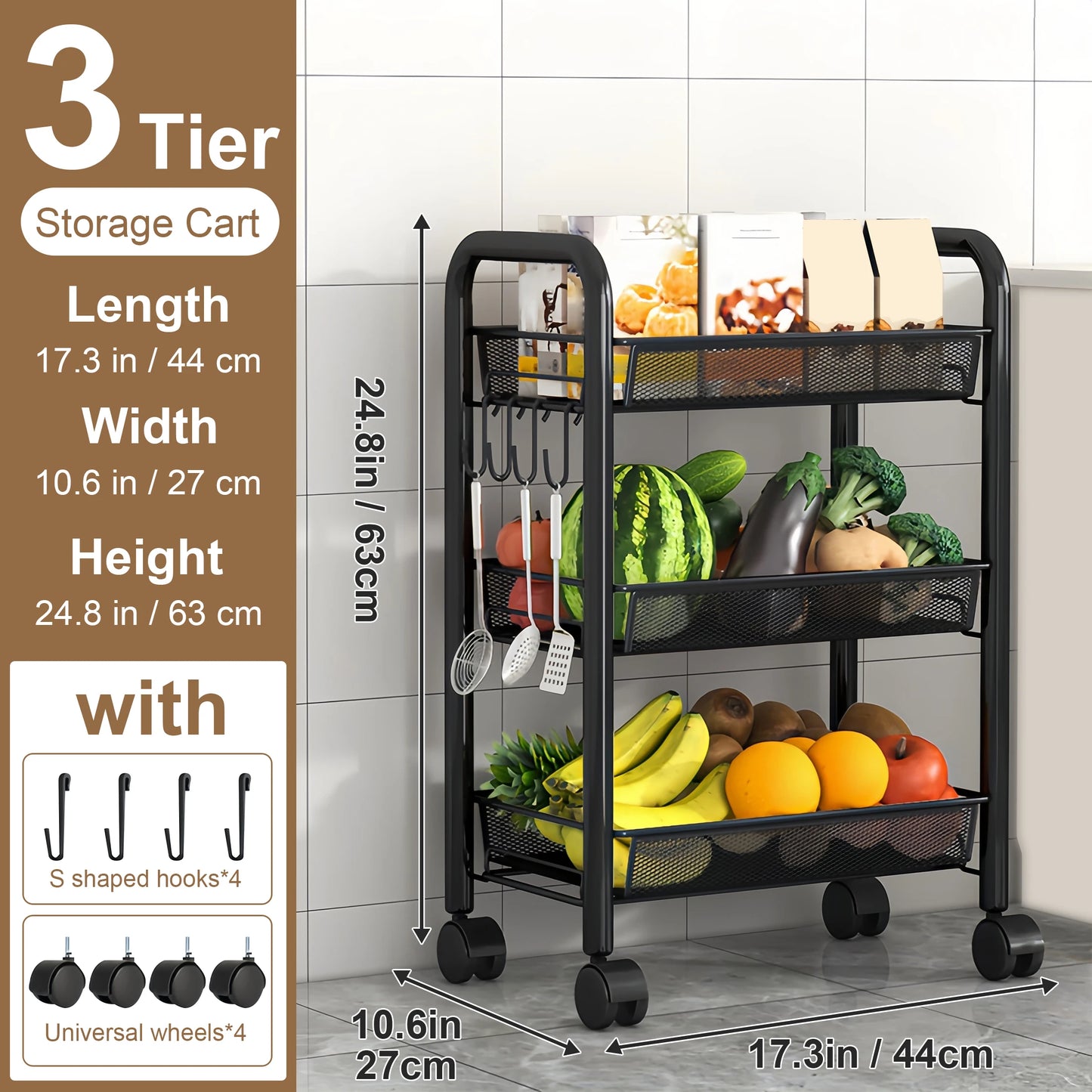 Multilayer Kitchen Storage Cart With Wheels Stackable Metal Utility Shelf