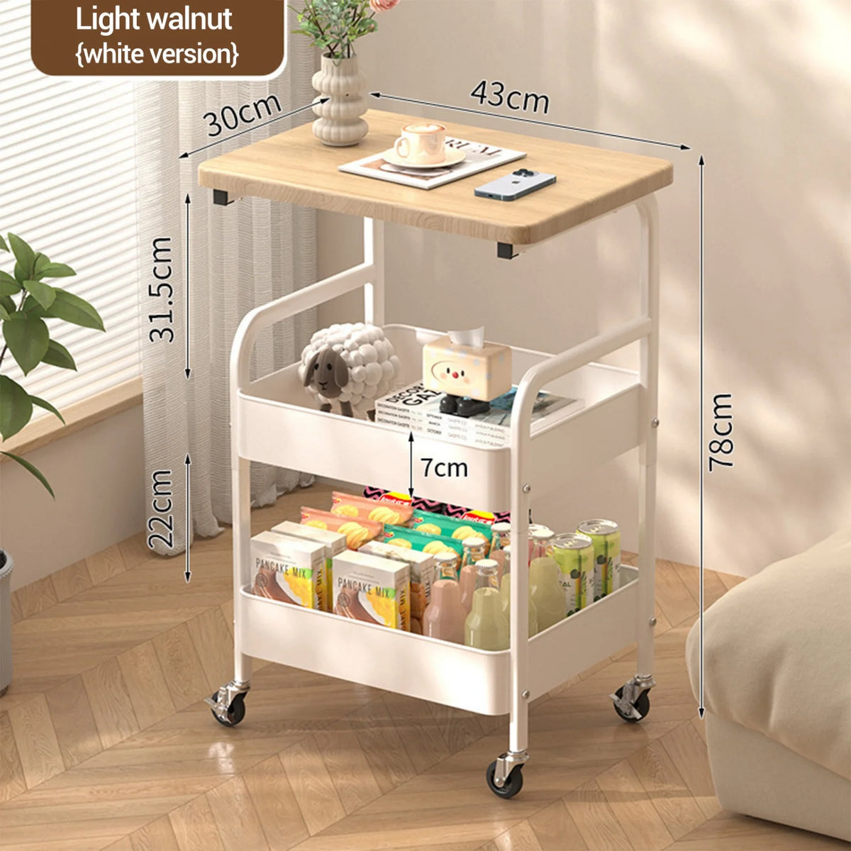 Himiss Three Tier Rolling Storage Cart With Wooden Shelf