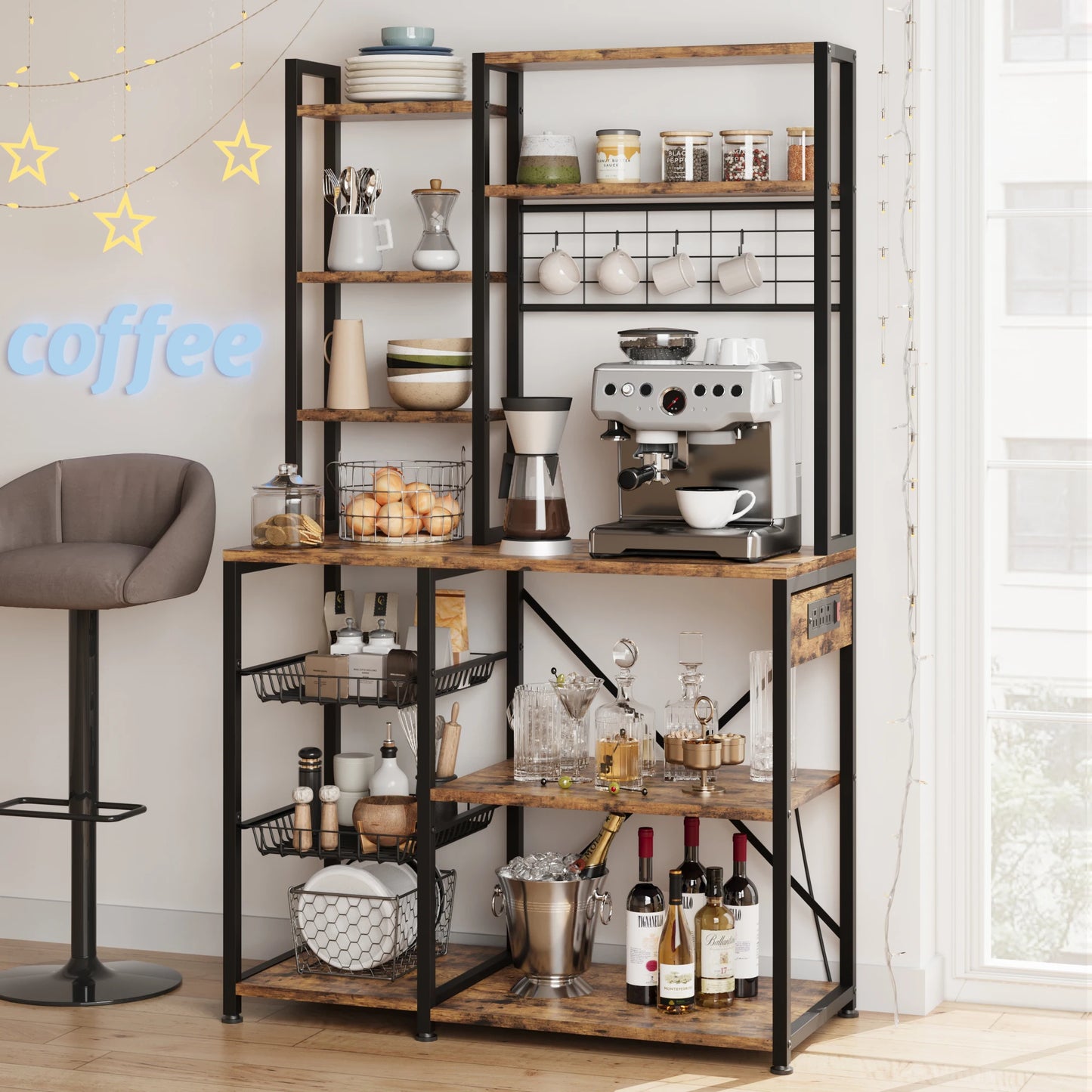 Industrial Wooden Bakers Rack With Power Outlet And Microwave Stand