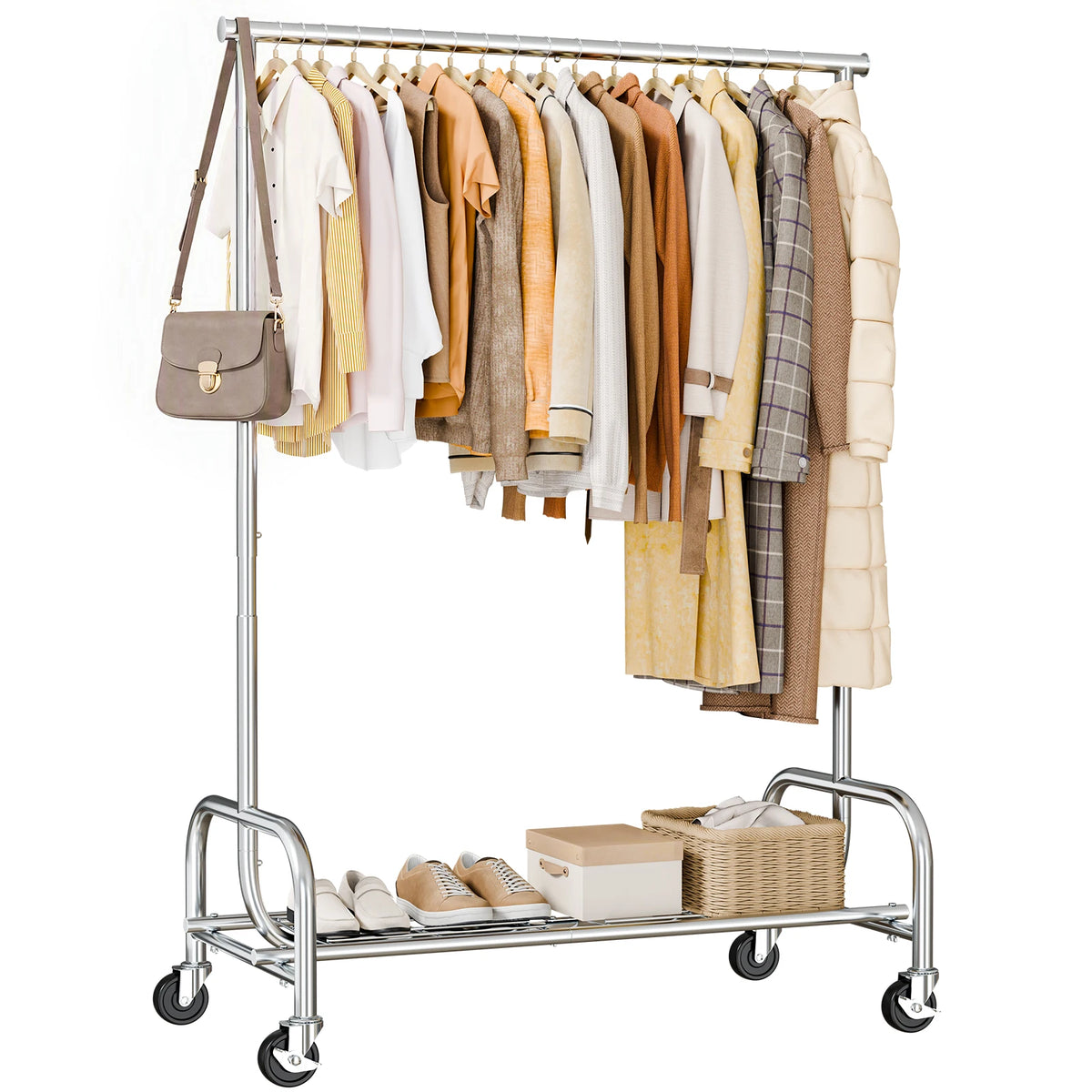 MCQ 70IN Heavy Duty Clothes Racks with Wheels  Entryway Storage Organizer with Top Hanging Rod Movable Hooks Bench For Home Living Room ﻿