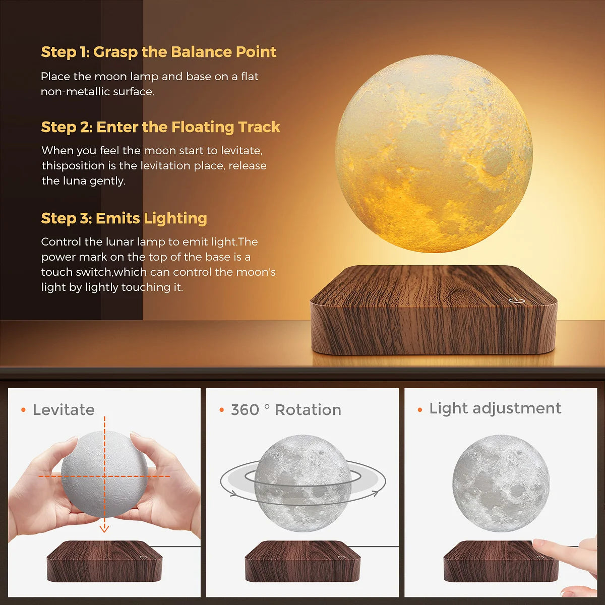 Mexllex Magnetic Floating Moon Lamp With Wooden Base LED Temperatures