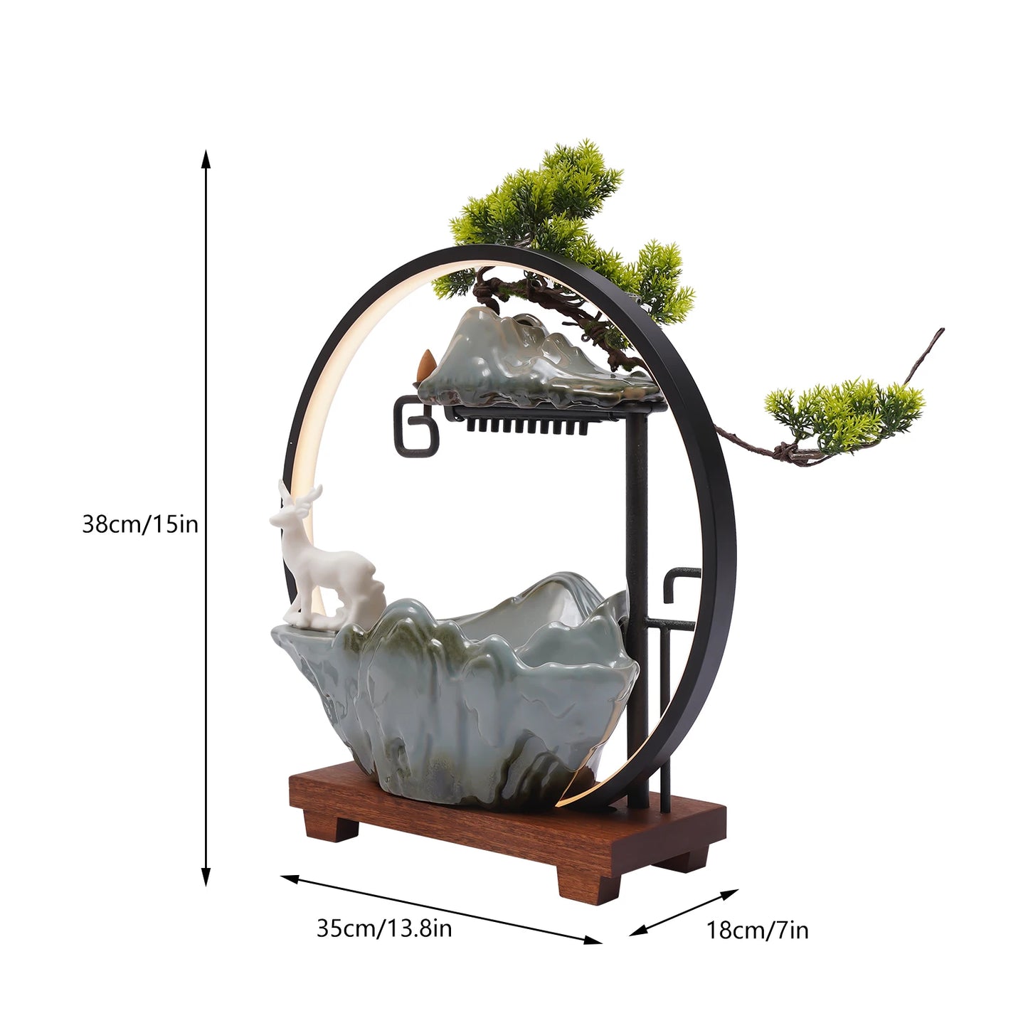 Ceramic Tabletop Fountain With Mist LED Deer Figurine Pine Branches