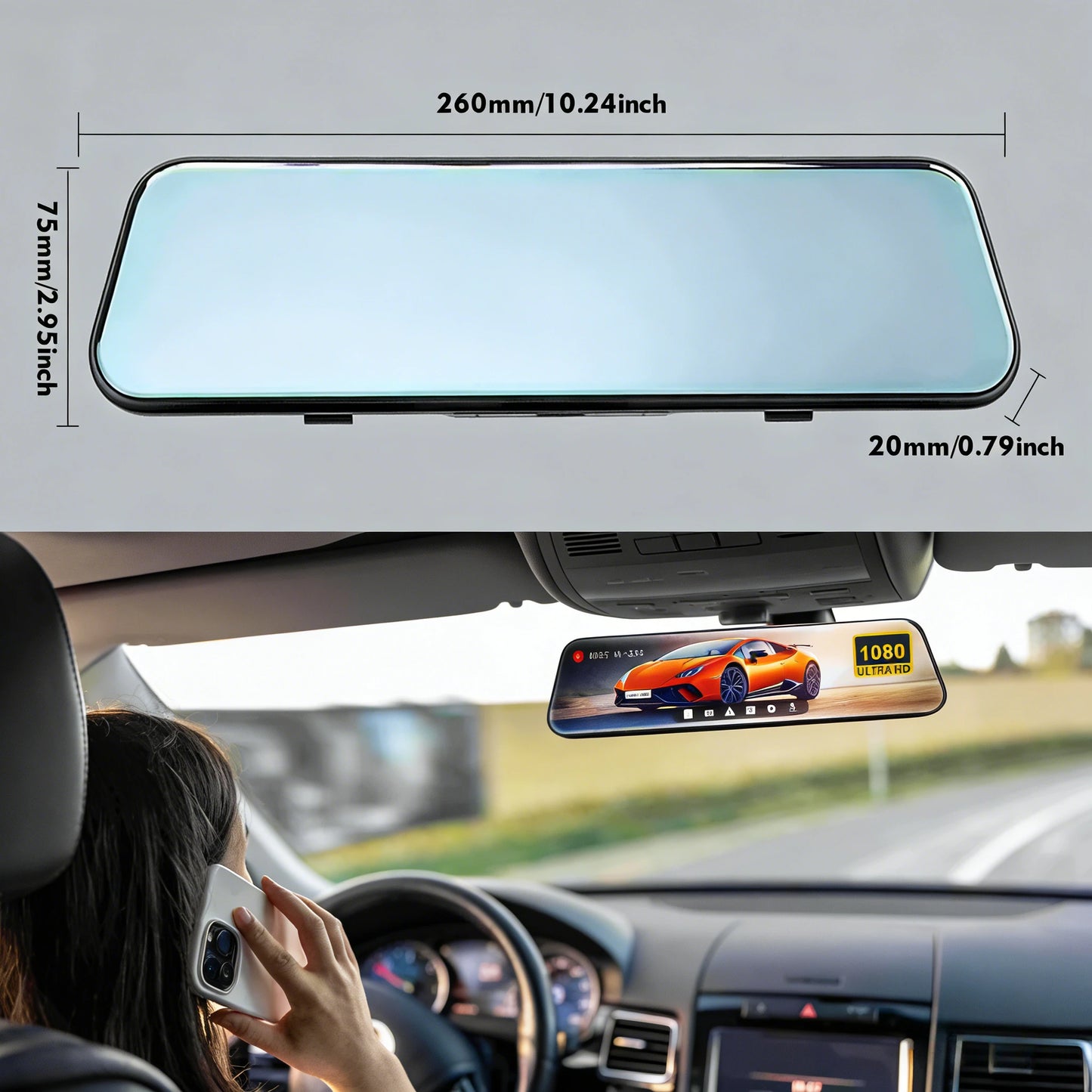 Mirror Dash Cam 1080P Dual Lens Front Rear Waterproof IPS Touchscreen Wide Angle