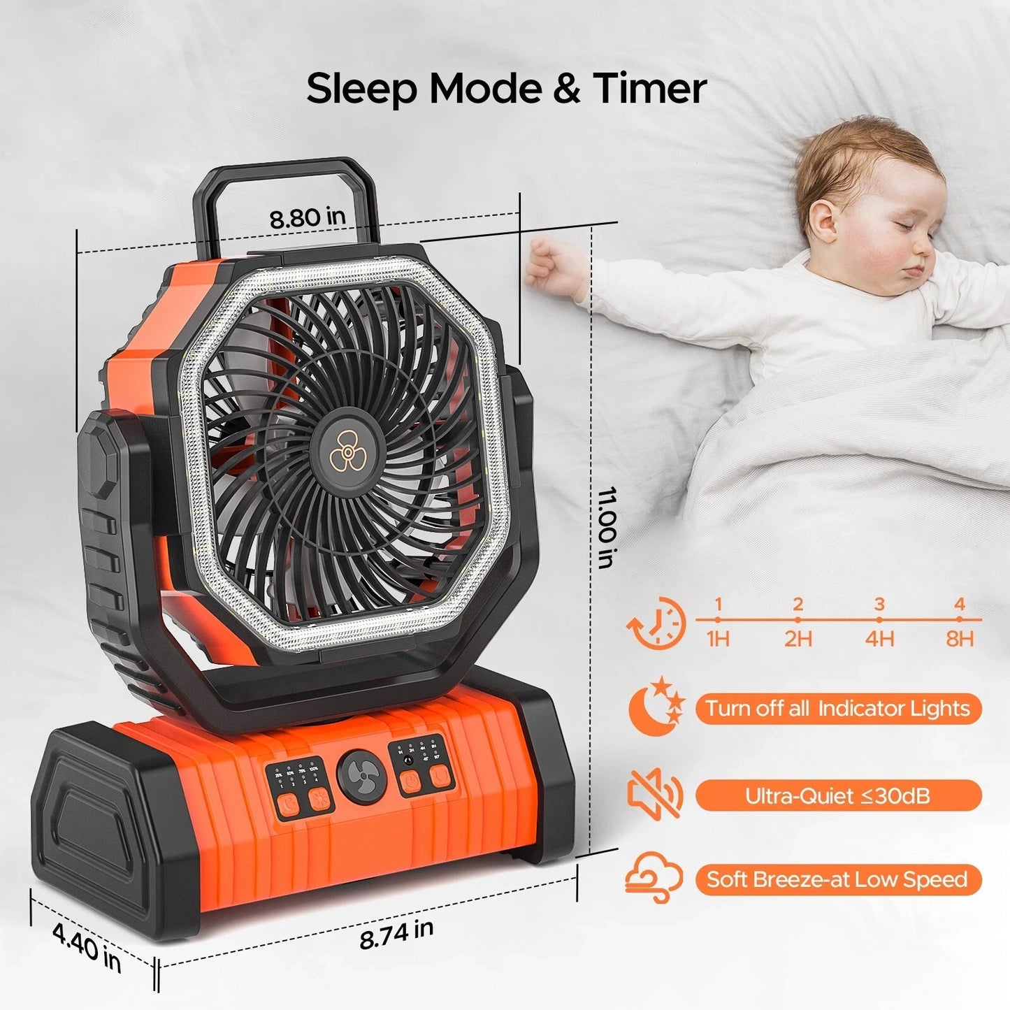 Camping Fan 20000mAh Battery Powered Fan Rechargeable with LED Light Portable Outdoor Tent Fan with Hanging Hook