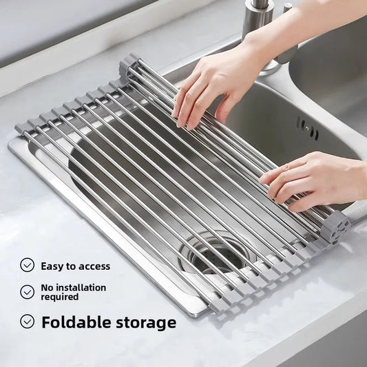 Foldable Dish Drainer Roll Up Rack Kitchen Sink Organizer