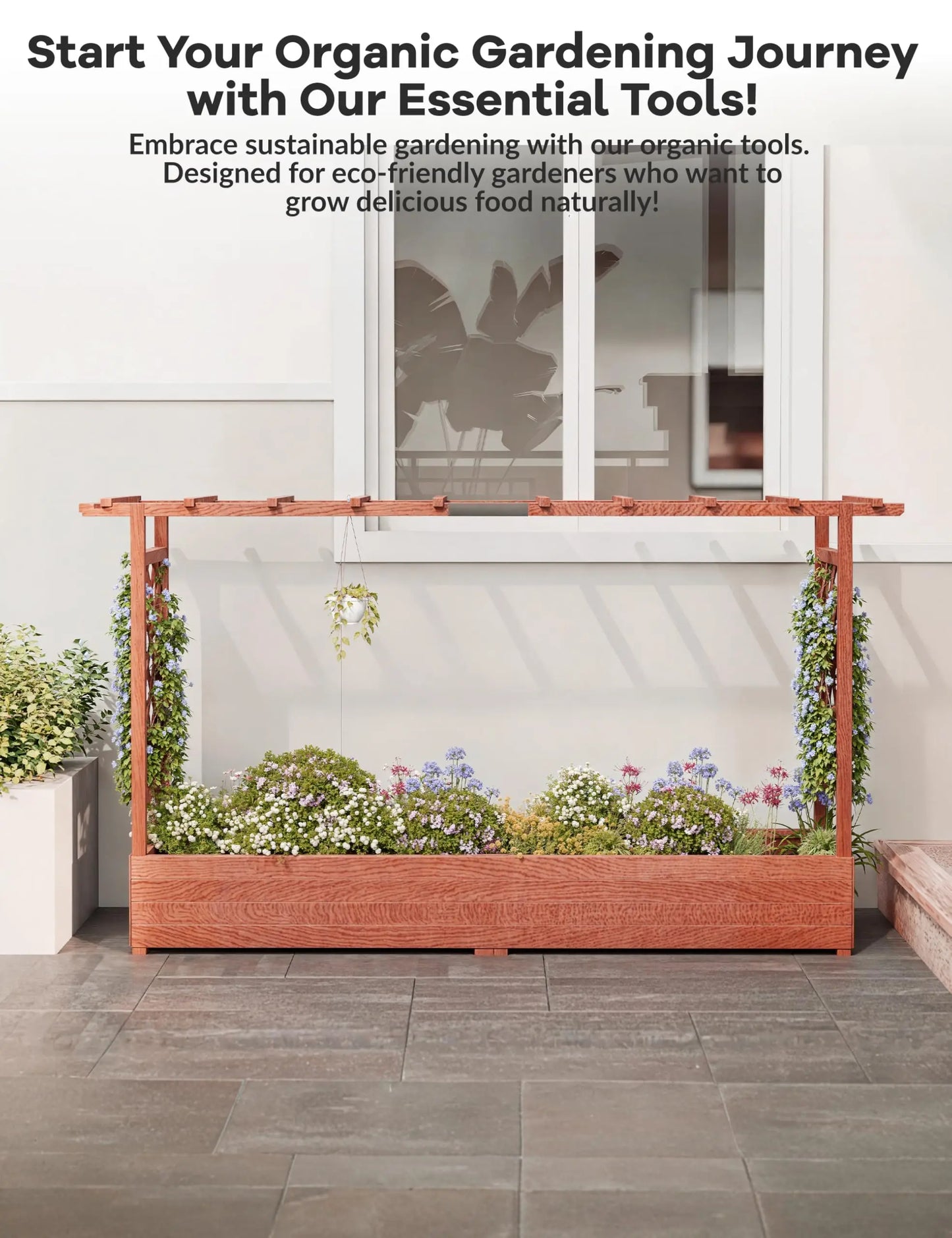 HiMISS Elevated Wooden Raised Garden Bed Trellis Canopy Drainage Planter