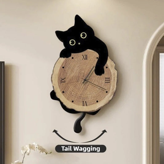 Cartoon Cat Wall Clock With Swing Tail Quartz Mute Design