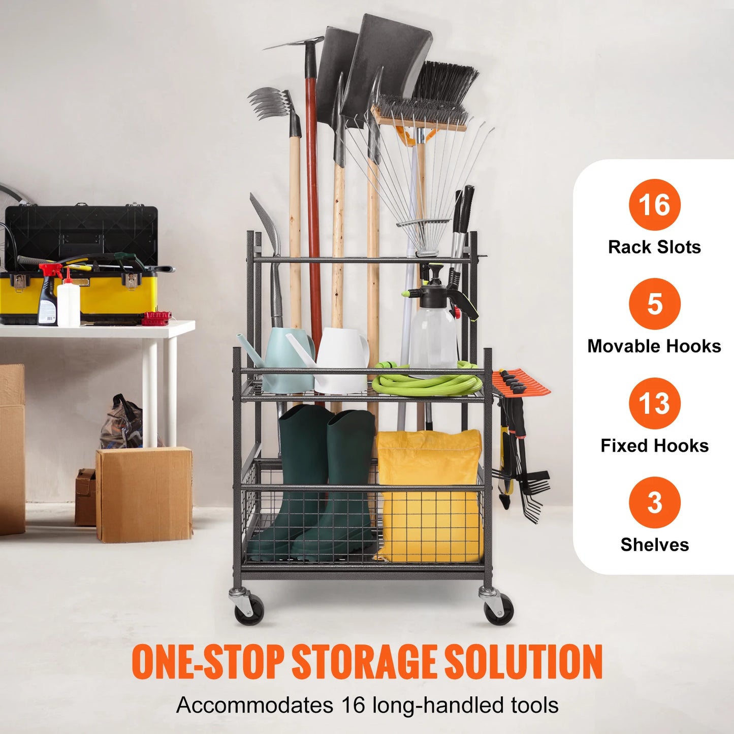 SucceBuy 16 Slot Garden Tool Organizer Tower Rack With Hooks And Wheels