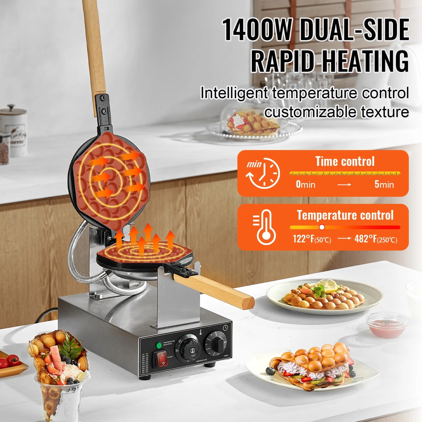 SucceBuy Commercial Bubble Waffle Maker Nonstick Dual Pan Temperature Control