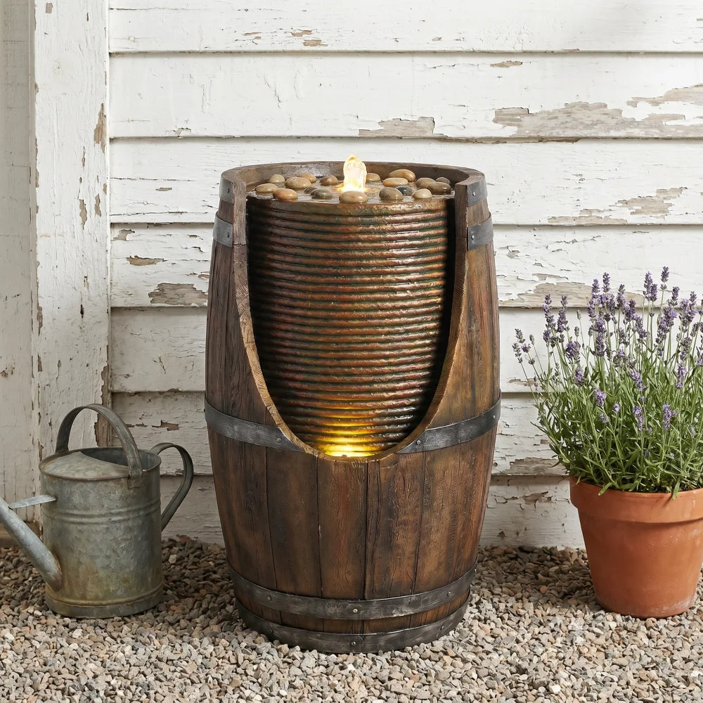 Handcrafted Resin Barrel Water Fountain With Built In Lights Outdoor Decor