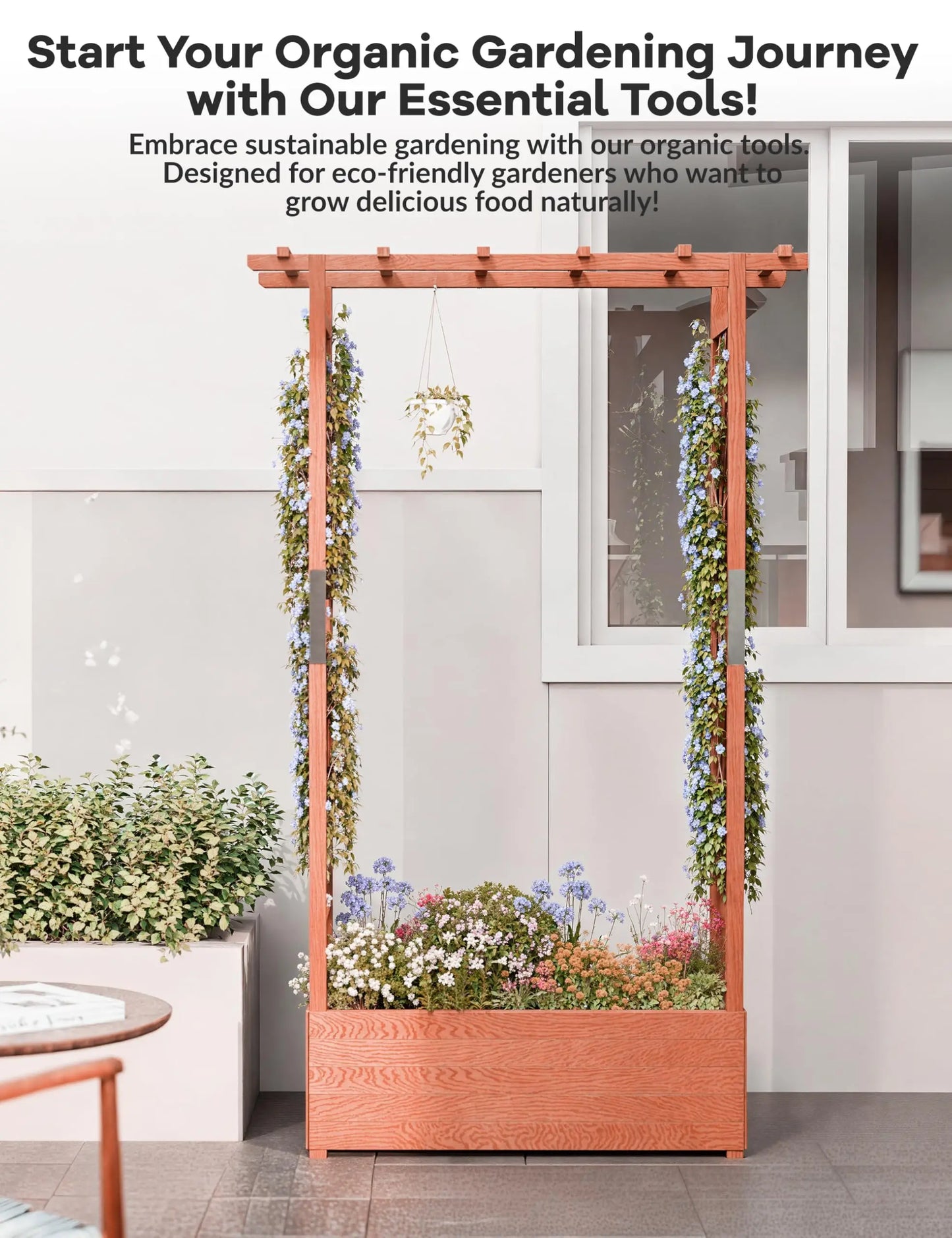 HiMISS Elevated Wooden Raised Garden Bed Trellis Canopy Drainage Planter