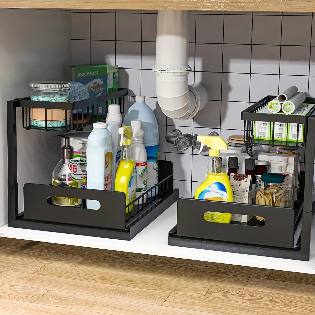[Sliding Pull-out Cabinet Rack] 1/2pcs Sliding Pull-out Metal Cabinet Sorting Rack | Lower Sink Kitchen Storage, For Kitchen Bat