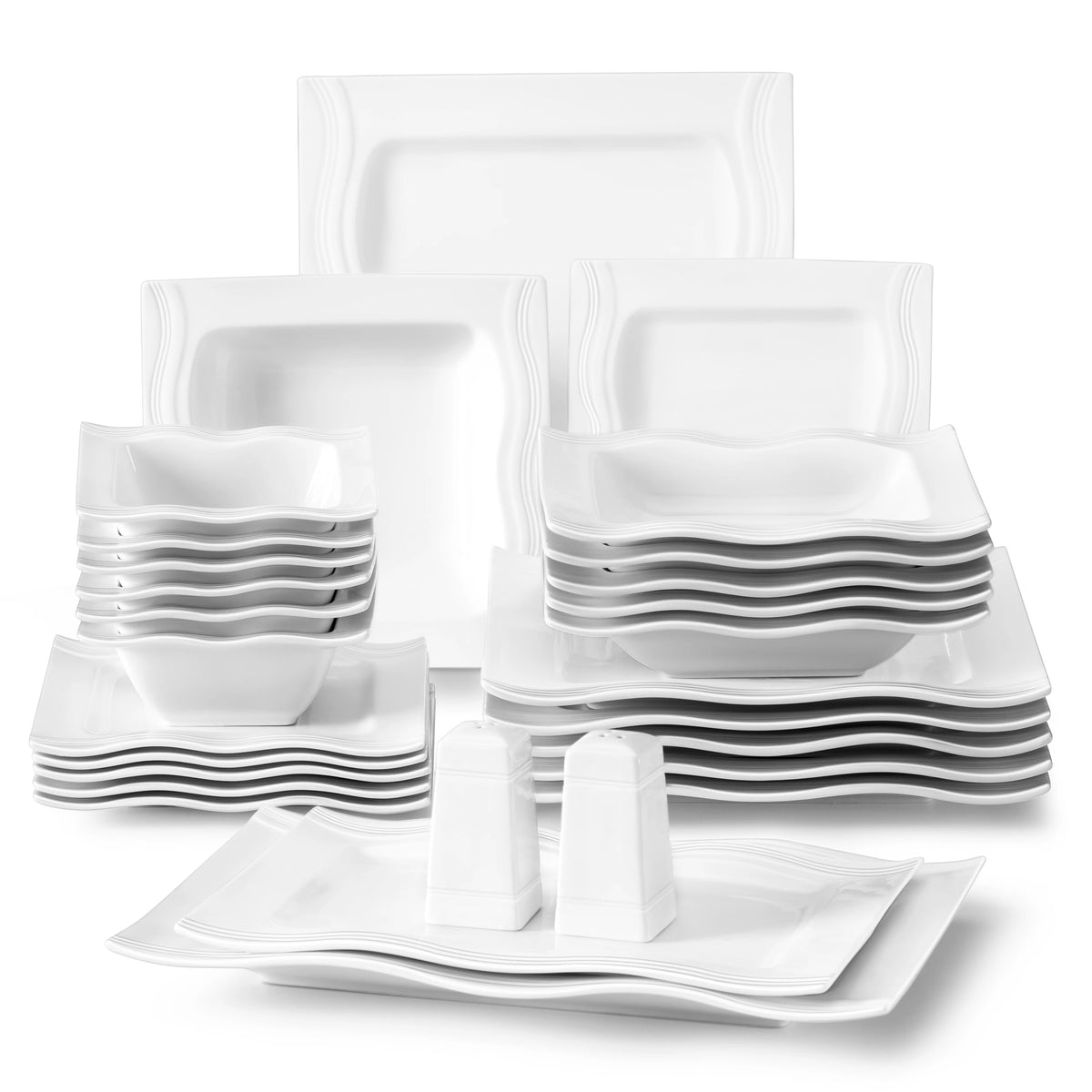 MALACASA Porcelain Dinnerware Set With Plates Bowls Salt Pepper Pots