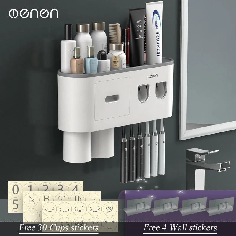 MENGNI Magnetic Inverted Toothbrush Holder Wall Mount Toothpaste Squeezer