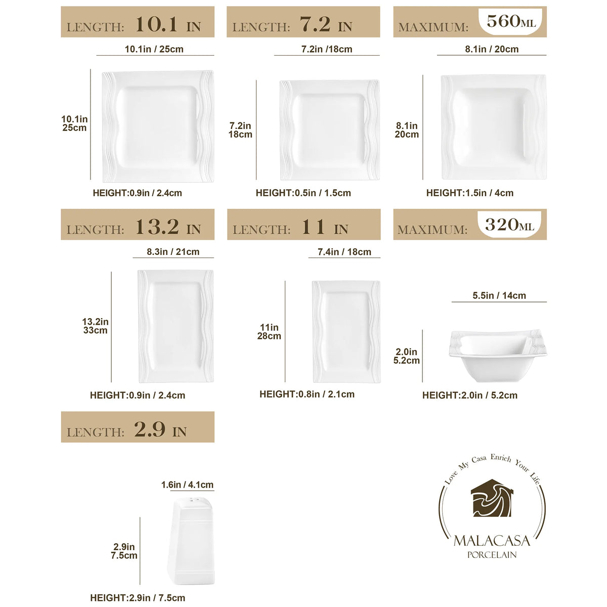 MALACASA Porcelain Dinnerware Set With Plates Bowls Salt Pepper Pots